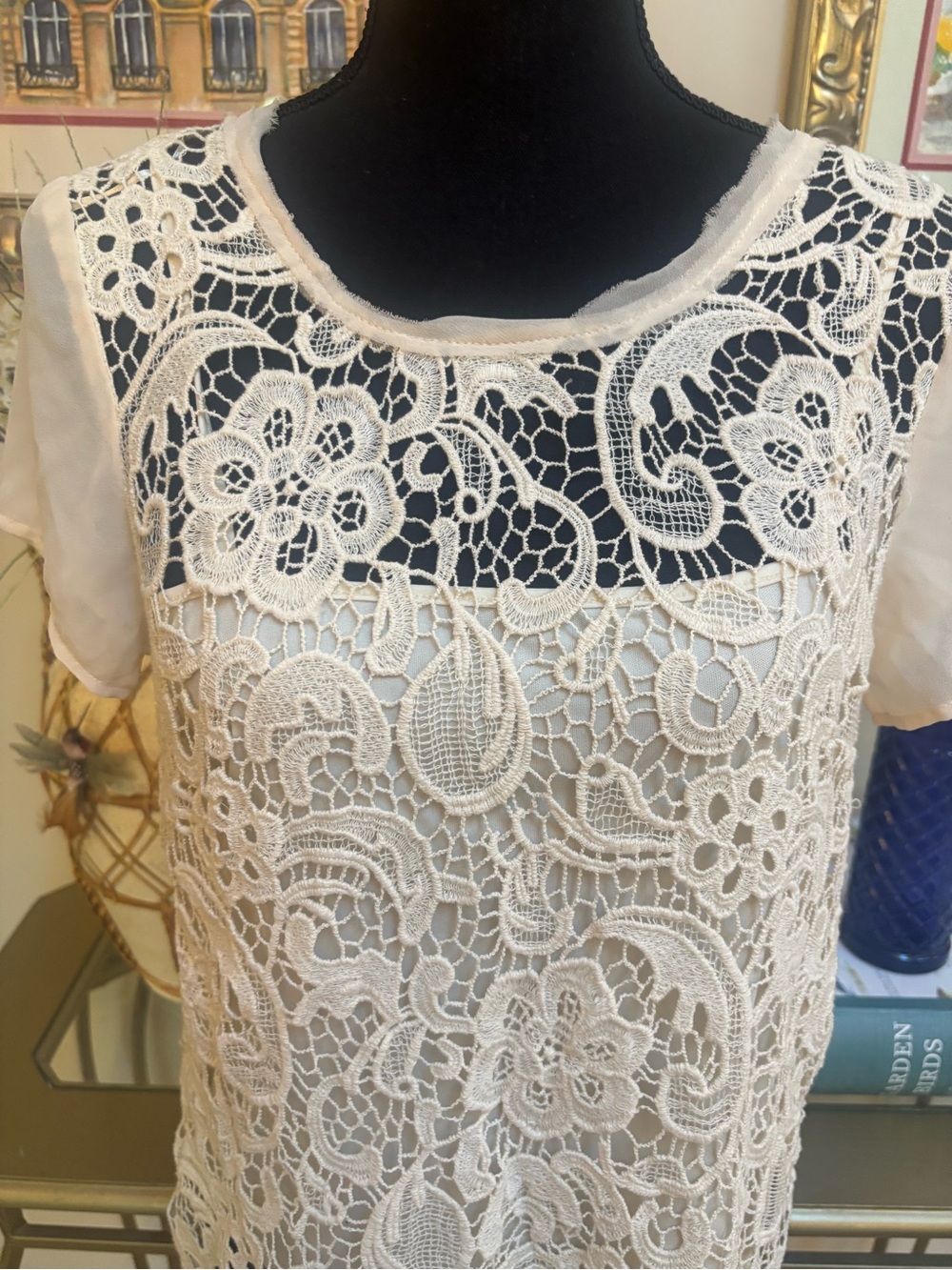 Adiva Cream Lace Crochet Overlay Sheer Short Sleeve Blouse With Cami Size Small - Picture 3 of 8
